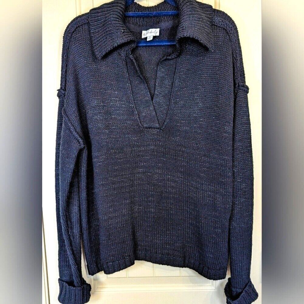 Wonderly Women's Oversized Black V-Neck Slub Collared Sweater Medium